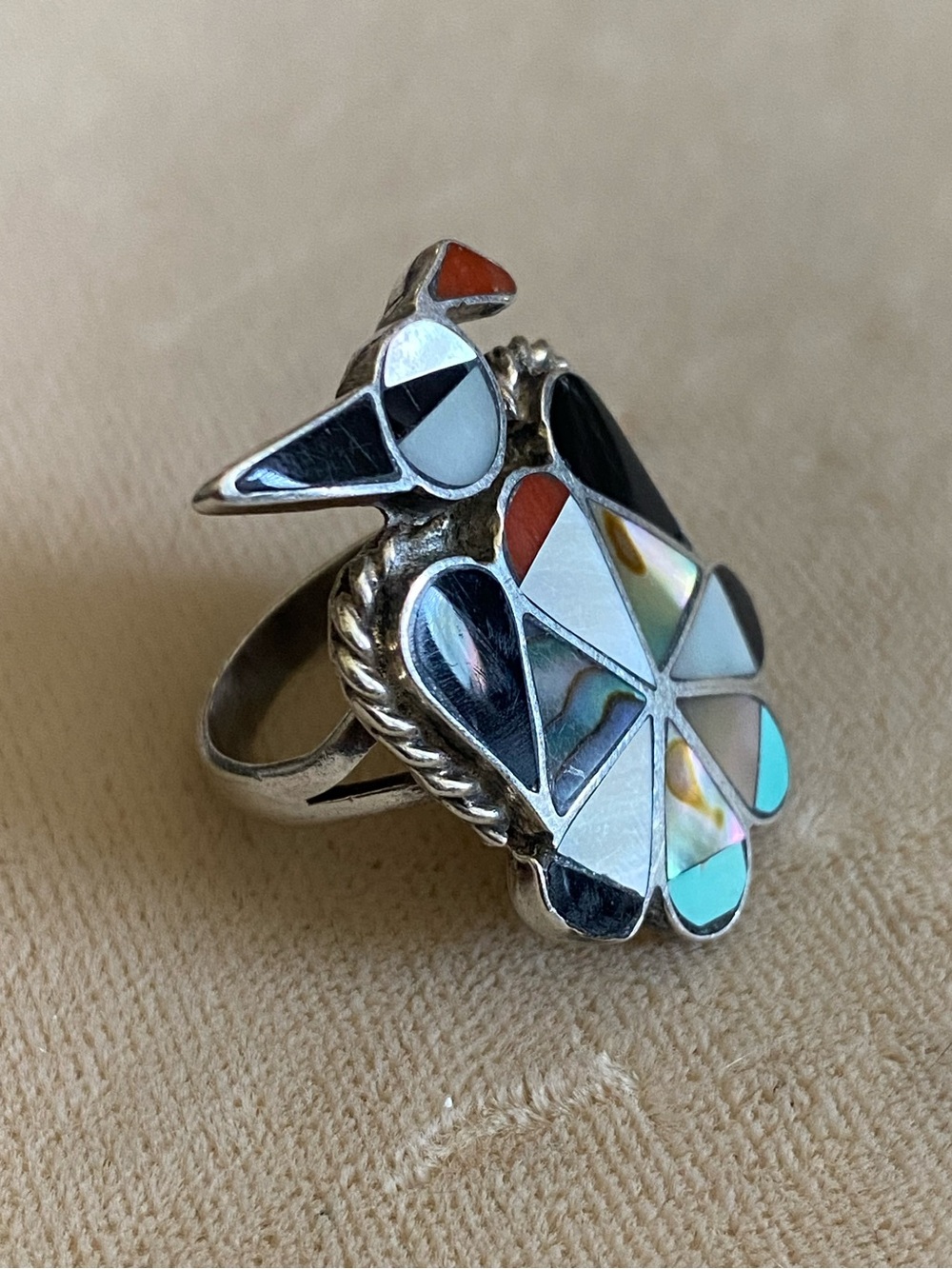 Vintage Zuni Sterling Silver Turquoise Inlay Thunderbird Ring Size 5.5 - Picture 2 of 9